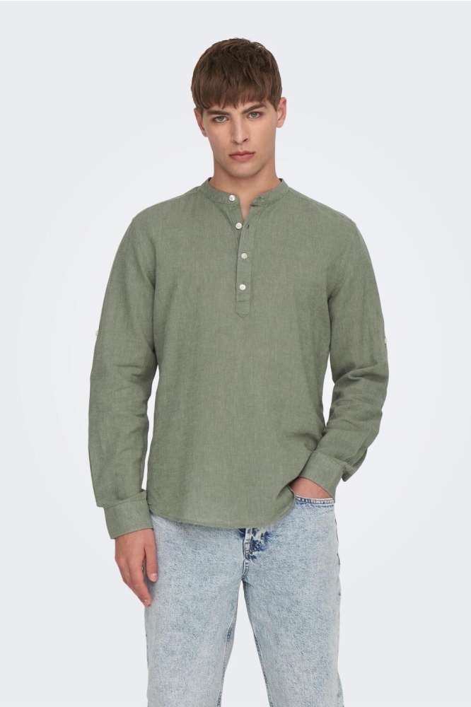 ONSCAIDEN LS HALFPLACKT LINEN SHIRT 22009883 SWAMP